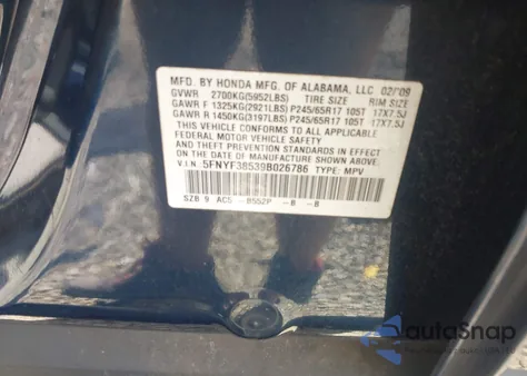 2009 Honda Pilot Ex-L from USA, damaged, VIN 5FNYF38539B026786